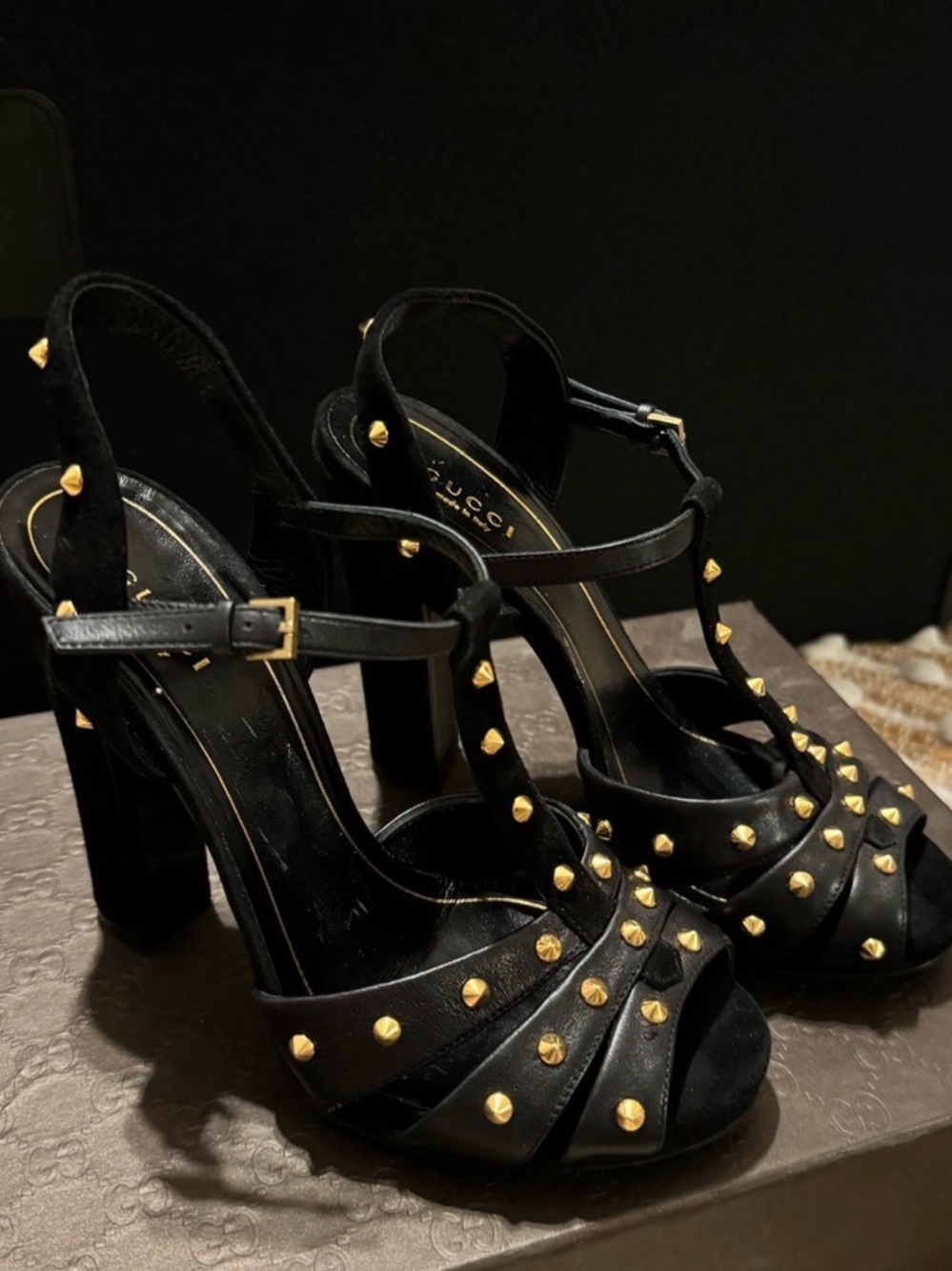 Gucci Black Leather T-Strap Studded Block Heel Sandals